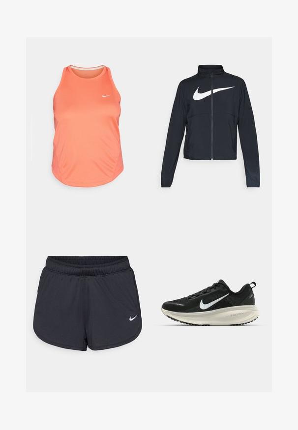 Črna športna jakna z polnim zadrgo, visokim ovratnikom, dolgimi rokavi in velikim belim logotipom Nike swoosh čez prsi.; Nike top s tank topom v svetli koralni barvi, ki ima visok ovratnik, brezrokavni dizajn in subtilne detajle ob šivih. Logotip je natisnjen na prsih.; Črne športne hlače iz lahkega, zračnega materiala. Imajo elastični pas in belo Nike logotip na spodnji desni strani.; Črne Nike tekaške čevlje z zračno mrežno zgornjim delom, belim logotipom Swoosh, teksturiranimi detajli in smetanasto barvnim srednjim delom ZoomX.
