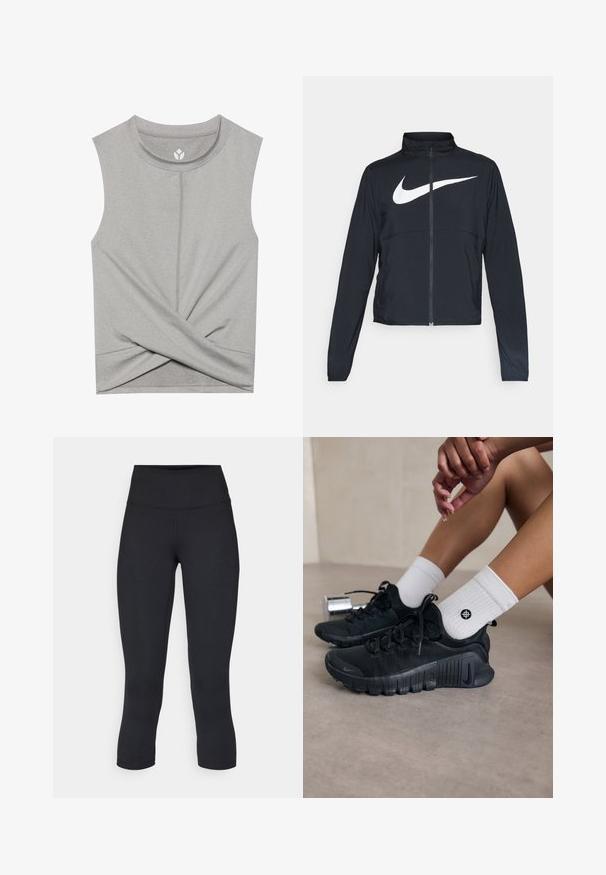 Czarna bluza sportowa na zamek błyskawiczny z wysokim kołnierzem, długimi rękawami i dużym białym logo Nike na klatce piersiowej.; Szara bluzka bez rękawów z okrągłym dekoltem, z przodem w formie twistu i płaskimi szwami dla wygody. Miękka, elastyczna tkanina.; Czarne, krótkie legginsy wykonane z elastycznego materiału, z wysokim stanem i gładką strukturą, bez widocznych wzorów czy elementów metalowych.; Czarne buty sportowe z teksturowanej tkaniny, z warkoczowym wzorem i wyraźną podeszwą, w zestawie z białymi skarpetami prążkowanymi z małym logo.