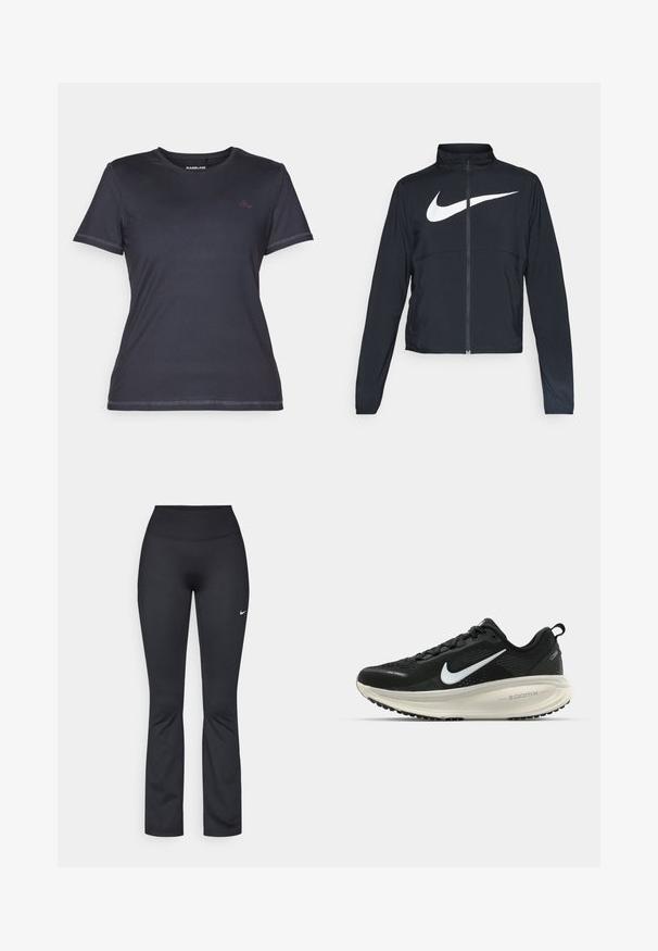 Black full-zip sports jacket with high collar, long sleeves, and large white Nike swoosh logo across the chest.; Short-sleeve, crew-neck t-shirt in dark navy with a smooth texture and contrasting pink logo accent on the chest.; Black athletic leggings with a high waistband, made from smooth, stretchy fabric. Features a small white Nike logo on the left thigh.; Black Nike running shoe with breathable mesh upper, white swoosh logo, textured detailing, and a cream-colored ZoomX midsole.