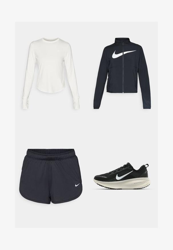 Veste de sport noire zippée sur toute la longueur avec un col haut, des manches longues et un grand logo Nike swoosh blanc sur la poitrine.; Chemise de sport à manches longues blanche en matériau lisse et léger. Dotée d'un col rond et d'un logo Nike sur la poitrine.; Shorts de sport noirs en tissu léger et respirant. Dotés d'une taille élastique et d'un logo Nike blanc sur le bas à droite.; Baskets de course noir Nike avec tige respirante en mesh, logo swoosh blanc, détails texturés et semelle intermédiaire ZoomX de couleur crème.