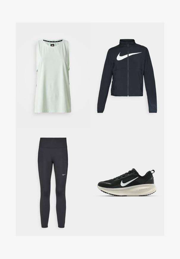 Čierna športová bunda na zips s vysokým golierom, dlhými rukávmi a veľkým bielym logom Nike na hrudi.; Mentolová bezramienková blúzka s okrúhlym výstrihom, hladkou textúrou a bočnými výrezmi; obsahuje čiernu bodkovanú látku na krku.; Čierne legíny z elastického materiálu, s vysokým pásom a bielym logom Nike na ľavom stehne. Hladká textúra, priliehavý dizajn.; Čierne bežecké topánky Nike s priedušnou sieťovinou, bielym logom s symbolom swoosh, textúrovanými detailmi a krémovou ZoomX medzipodrážkou.