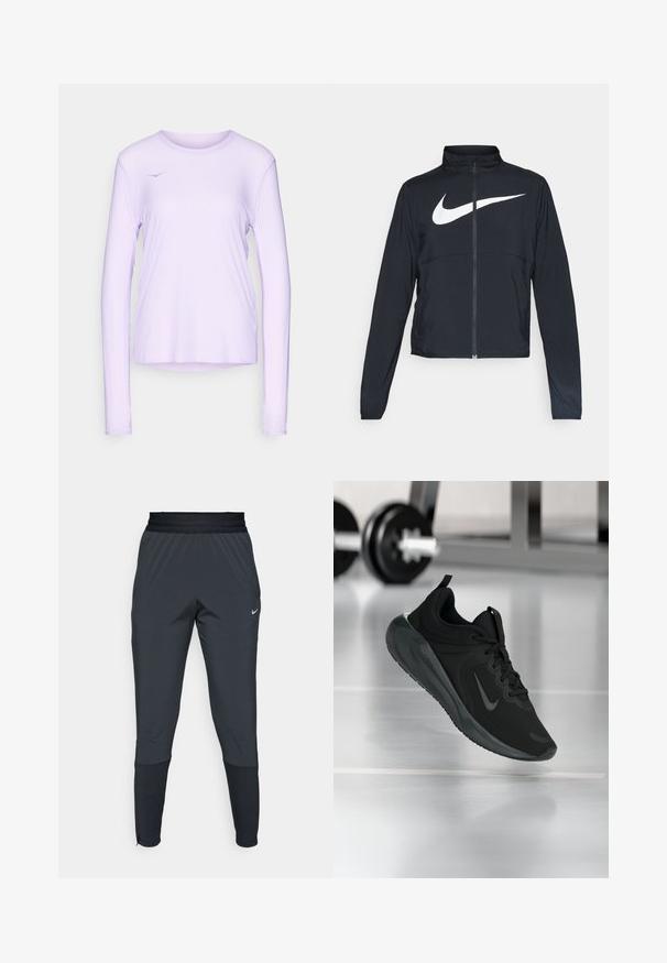 Svart sportjacka med hel dragkedja, hög krage, långa ärmar och stor vit Nike swoosh-logotyp över bröstet.; HOKA AIROLITE RUN LONG SLEEVE - Långärmad tröja - aster flower; Nike träningbyxor i mörkgrått, med en tapered ben-design, elastisk midja och accentdetaljer nära muddarna.; Svarta sportskor med Nike-logotyp, visade mitt i luften på gymgolvet, med en suddig hantelställning i bakgrunden.
