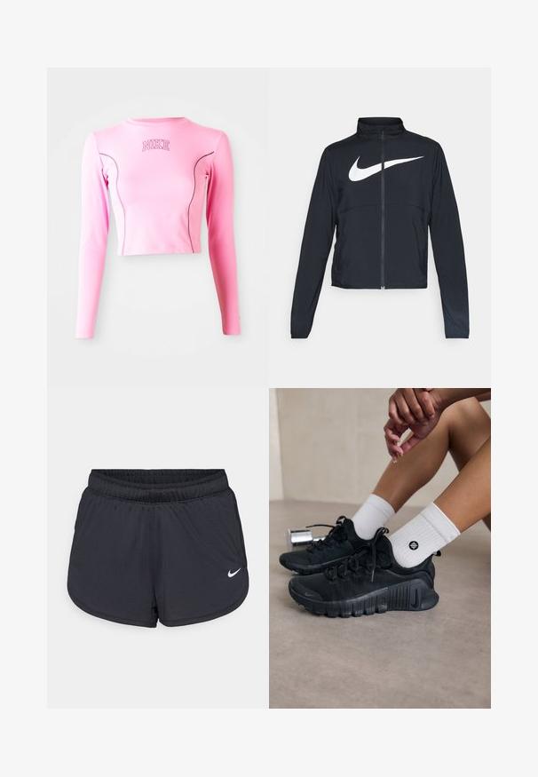 Zwarte sportjas met volledige rits, hoge kraag, lange mouwen en groot wit Nike swoosh-logo op de borst.; Roze langwerpige crop top gemaakt van rekbaar materiaal. Heeft een ronde halslijn en contrasterende stiksels. Het Nike-logo is geborduurd op de borst.; Zwarte sportieve shorts met een elastische tailleband, een sportief ontwerp en een wit Nike-logo aan de voorkant onderaan. Getextureerde stof.; Zwarte sport schoenen van een gestructureerde stof, met vetersluiting en een opvallende zool, gecombineerd met witte geribbelde sokken met een klein logo.