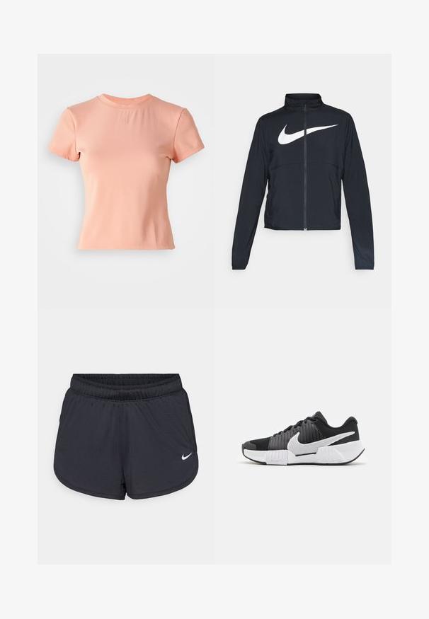 Czarna bluza sportowa na zamek błyskawiczny z wysokim kołnierzem, długimi rękawami i dużym białym logo Nike na klatce piersiowej.; Jasnoróżowy, krótki rękaw t-shirt z ryflowanej tkaniny. Posiada okrągły dekolt i małe wytłoczone logo na środku.; Czarne sportowe spodenki z elastycznym pasem, z sportowym wzorem i białym logo Nike na dolnej części przedniej strony. Tkanina o fakturze.; Czarno-białe buty sportowe z teksturowaną cholewką, wyraźnym znakiem Nike oraz kontrastującą podeszwą zaprojektowaną dla lepszej przyczepności i stabilności.