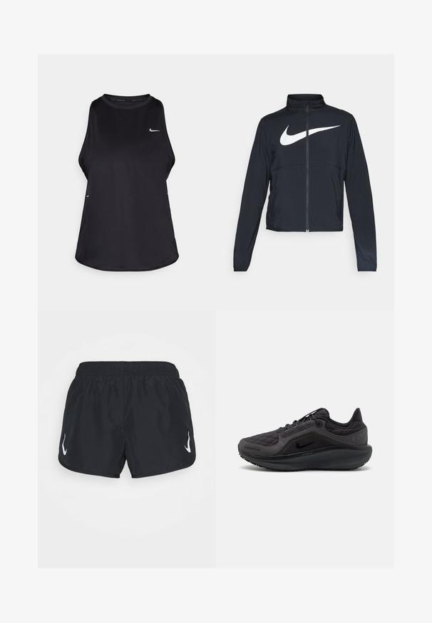 Giacca sportiva nera con zip completa, colletto alto, maniche lunghe e grande logo swoosh bianco Nike sul petto.; Canotta da corsa nera senza maniche realizzata in materiale leggero con collo rotondo; presenta un logo discreto e fessure laterali per la traspirabilità.; Pantaloni sportivi neri con elastico in vita, con un logo bianco sul lato sinistro. Realizzati in un tessuto leggero e morbido.; Scarpa sportiva nera con tomaia trapuntata, accenti testurizzati e suola ammortizzata. Presenta unlogo Nike prominente e suola resistente.