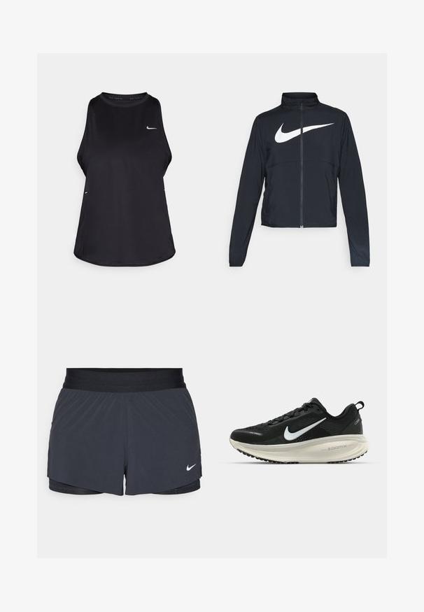 Veste de sport noire zippée sur toute la longueur avec un col haut, des manches longues et un grand logo Nike swoosh blanc sur la poitrine.; Débardeur de course sans manches noir, fabriqué dans un matériau léger, avec un col rond ; présente un logo discret et des fentes sur les côtés pour une meilleure respirabilité.; Shorts de sport noirs avec une taille élastique, dotés d'un design superposé et d'un petit logo Nike blanc en bas à gauche. Matière légère.; Baskets de course noir Nike avec tige respirante en mesh, logo swoosh blanc, détails texturés et semelle intermédiaire ZoomX de couleur crème.