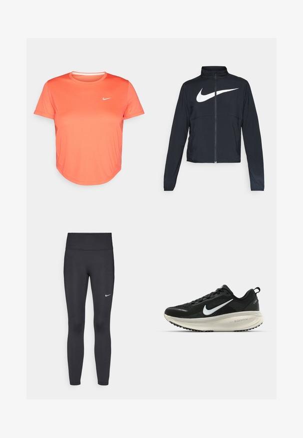 Melnā sporta jaka ar pilnu rāvējslēdzēju, augstu apkakli, garām piedurknēm un lielu baltu Nike swoosh logotipu krūšu daļā.; Nike sporta krekls spilgti korallkrāsā, izgatavots no gludas, elpojošas auduma. Iedeguma apkakle un īsas piedurknes ar mazu baltu logotipu.; Melnas legingi, izgatavoti no elastīga auduma, ar augstu jostu un baltu Nike logotipu kreisajā augšstilbā. Gluda tekstūra, piegulošs dizains.; Melnas Nike skriešanas kurpes ar elpojošu acs augšdaļu, baltu Swoosh logotipu, strukturētu apdari un krēmkrāsas ZoomX starpsole.