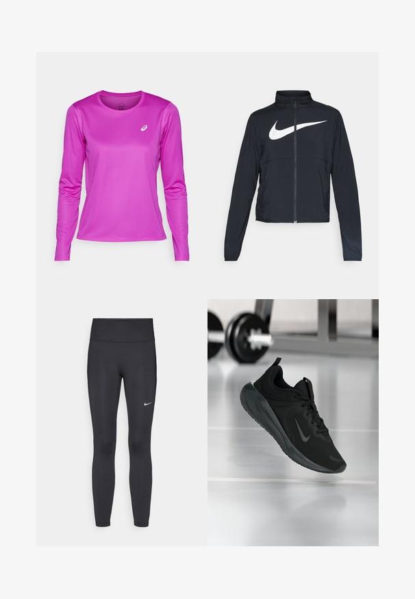 Black full-zip sports jacket with high collar, long sleeves, and large white Nike swoosh logo across the chest.; ASICS CORE TOP - Long sleeved top - bold magenta; Black leggings made of stretchy fabric, featuring a high waistband and a white Nike logo on the left thigh. Smooth texture, form-fitting design.; Black sports sneaker with Nike logo, shown mid-air on gym floor, with blurred dumbbell rack in background.