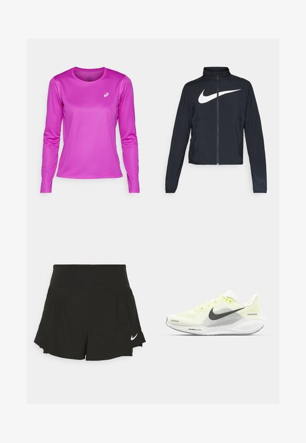 Black full-zip sports jacket with high collar, long sleeves, and large white Nike swoosh logo across the chest.; ASICS CORE TOP - Long sleeved top - bold magenta; Black athletic shorts with a wide waistband, pleated detailing, curved hem, and white Nike logo on the lower right side.; Nike running shoes with a light yellow and white mesh upper, grey accents, and a flexible rubber sole. Features a lace-up closure.