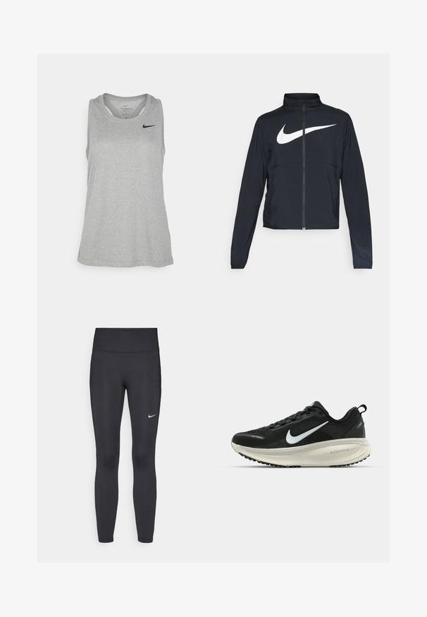 Černá sportovní bunda na zip s vysokým límcem, dlouhými rukávy a velkým bílým logem Nike swoosh přes prsa.; Šedý atletický tílko vyrobené z lehkého materiálu. Obsahuje kulatý výstřih, bezrukávový design a malé černé logo na hrudi.; Černé legíny vyrobené z elastického materiálu, s vysokým pasem a bílým logem Nike na levém stehně. Hladká textura, přiléhavý střih.; Černá běžecká obuv Nike s prodyšným síťovaným svrškem, bílým logem swoosh, texturovanými detaily a krémovou mezipodešví ZoomX.