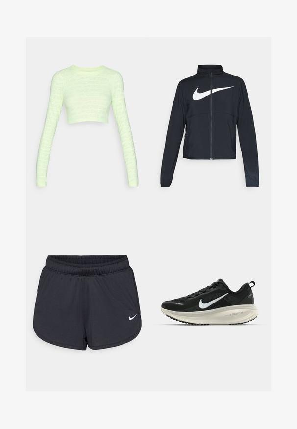 Schwarze Sportjacke mit vollem Reißverschluss, hohem Kragen, langen Ärmeln und großem weißen Nike-Swoosh-Logo auf der Brust.; Hellgrünes, langärmeliges Crop-Top mit ganzflächigem "NIKE PRO"-Textmuster. Eng anliegend, glatte Textur, runder Halsauschnitt und eng anliegende Ärmel.; Schwarze Sportshorts aus leichtem, atmungsaktiven Material. Mit elastischem Bund und weißem Nike-Logo auf der unteren rechten Seite.; Schwarzer Nike-Laufschuh mit atmungsaktivem Mesh-Obermaterial, weißem Swoosh-Logo, strukturierten Details und einer cremefarbenen ZoomX-Zwischensohle.