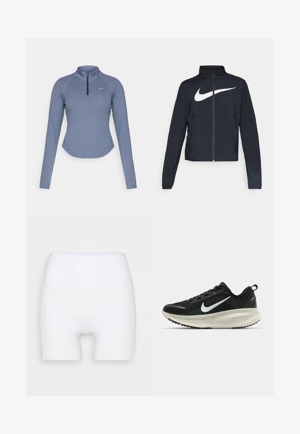 Schwarze Sportjacke mit vollem Reißverschluss, hohem Kragen, langen Ärmeln und großem weißen Nike-Swoosh-Logo auf der Brust.; Langärmliges, zip-up Sportoberteil aus einem melierten blauen Stoff mit einem Stehkragen und einem dezenten Nike-Logo auf der linken Brust.; Weiße, hochtaillierte Shorts aus dehnbarem Stoff. Sie verfügen über eine glatte Textur und eine figurbetonte Passform, ohne zusätzliche Muster oder Hardware.; Schwarzer Nike-Laufschuh mit atmungsaktivem Mesh-Obermaterial, weißem Swoosh-Logo, strukturierten Details und einer cremefarbenen ZoomX-Zwischensohle.