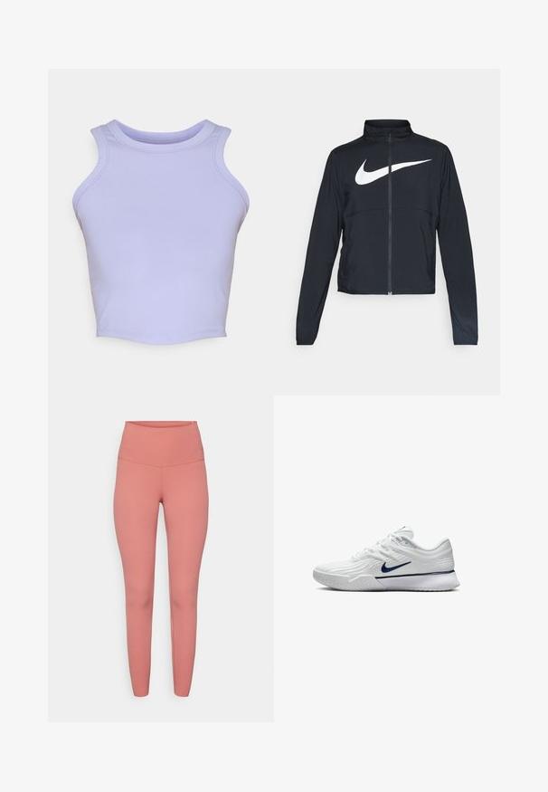 Zwarte sportjas met volledige rits, hoge kraag, lange mouwen en groot wit Nike swoosh-logo op de borst.; Lichtpaars mouwloos crop top gemaakt van rekbaar materiaal. Bevat een ronde halslijn en gladde, naadloze randen.; Roze high-waisted leggings gemaakt van elastisch materiaal, met een gladde textuur en een aansluitend ontwerp zonder zichtbare patronen of hardware.; Witte sportschoen met een gestructureerde mesh bovenkant, marineblauwe accenten en een gevoerde zool met een gemusterde grip. Veters geïntegreerd in het ontwerp.