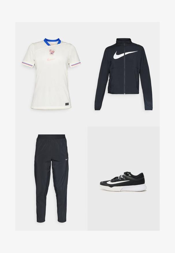 Chaqueta deportiva negra de cremallera completa con cuello alto, mangas largas y gran logo de Nike en blanco en el pecho.; Camiseta blanca de Nike con cuello azul. Presenta un emblema de gallo y acentos de diseño sutiles. Incluye franjas rojas y azules en los puños de las mangas.; Pantalones deportivos negros con cinturilla elástica, piernas ajustadas y un pequeño logo blanco en el muslo izquierdo. Fabricación ligera y suave.; Zapatilla deportiva negra con acentos blancos, que presenta una parte superior texturizada, punta redonda, cordones planos y una gruesa suela de goma blanca.