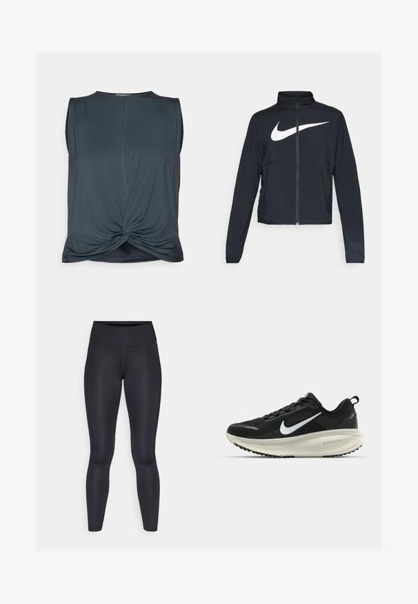 Black full-zip sports jacket with high collar, long sleeves, and large white Nike swoosh logo across the chest.; Yogasearcher TWISTED - Top - forest; Black leggings made of smooth, stretchy fabric. High waist with no visible patterns or accents. Fit closely from waist to ankles.; Black Nike running shoe with breathable mesh upper, white swoosh logo, textured detailing, and a cream-colored ZoomX midsole.