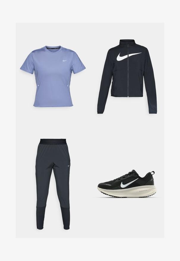 Čierna športová bunda na zips s vysokým golierom, dlhými rukávmi a veľkým bielym logom Nike na hrudi.; Krátky rukáv športového trička vo svetlofialovej farbe, s okrúhlym výstrihom a malým bielym logom Nike na ľavej hrudi.; Športové nohavice Nike v tmavo sivej farbe, s členeným strihom na nohaviciach, elastickým pásom a akcentovanými detailmi pri manžetách.; Čierne bežecké topánky Nike s priedušnou sieťovinou, bielym logom s symbolom swoosh, textúrovanými detailmi a krémovou ZoomX medzipodrážkou.