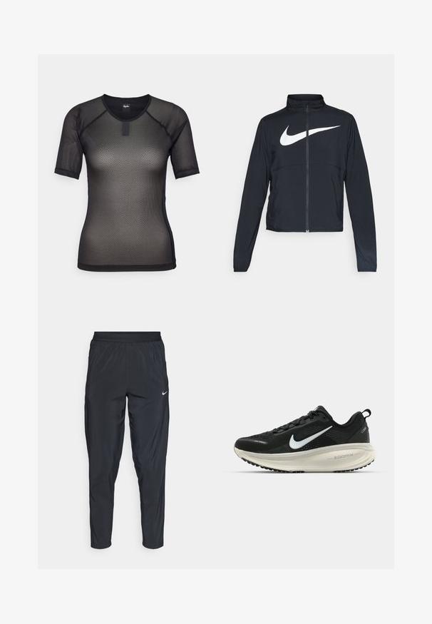 Musta urheilutakki, jossa on täysivetoketju, korkea kaulus, pitkät hihat ja suuri valkoinen Nike-tikkauksella rintaosa.; Musta lyhythihainen verkko-osa, jossa on pyöreä pääntie ja raglanhihat. Osa sisältää teksturoidun kuvion ja pienen bränditaggin kauluksessa.; Mustat urheiluhousut, joissa on elastinen vyötärö, kapenevat lahkeet ja pieni valkoinen logo vasemmassa reidessä. Kevyt, sileä kangas.; Mustat Nike-juoksukengät, joissa on hengittävä verkko-osa, valkoinen swoosh-logo, teksturoitu yksityiskohtaus ja kermaisen värinen ZoomX-välipohja.