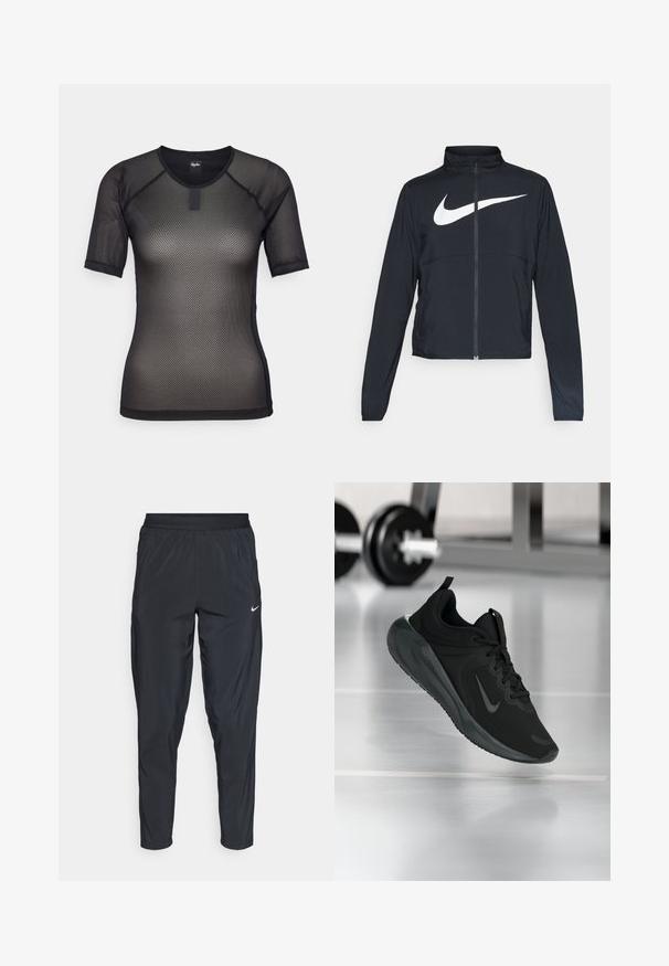 Svart sportjacka med hel dragkedja, hög krage, långa ärmar och stor vit Nike swoosh-logotyp över bröstet.; Svart kortärmad mesh-top med rund halsringning och raglanärmar. Har ett strukturerat mönster och en liten logotagg vid kragen.; Svarta träningsbyxor med elastisk midja, smalnande ben och en liten vit logga på vänster lår. Lätt, slät tyg.; Svarta sportskor med Nike-logotyp, visade mitt i luften på gymgolvet, med en suddig hantelställning i bakgrunden.