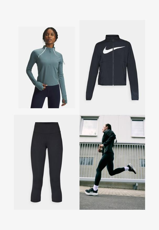 Schwarze Sportjacke mit vollem Reißverschluss, hohem Kragen, langen Ärmeln und großem weißen Nike-Swoosh-Logo auf der Brust.; Türkisfarbener Sportpullover mit halbem Reißverschluss, Kragen und langen Ärmeln. Strukturierte Ärmelsäume und reflektierende Akzente erhöhen Sichtbarkeit und Stil.; Schwarze, cropped Leggings aus dehnbarem Material, mit einem hohen Bund und glatter Textur, ohne sichtbare Muster oder Hardware.; Schwarze Sportjacke mit neonfarbenen Akzenten, schwarze Leggings und schwarze Laufschuhe mit weißen Sohlen, vor einem hellgrauen Hintergrund.