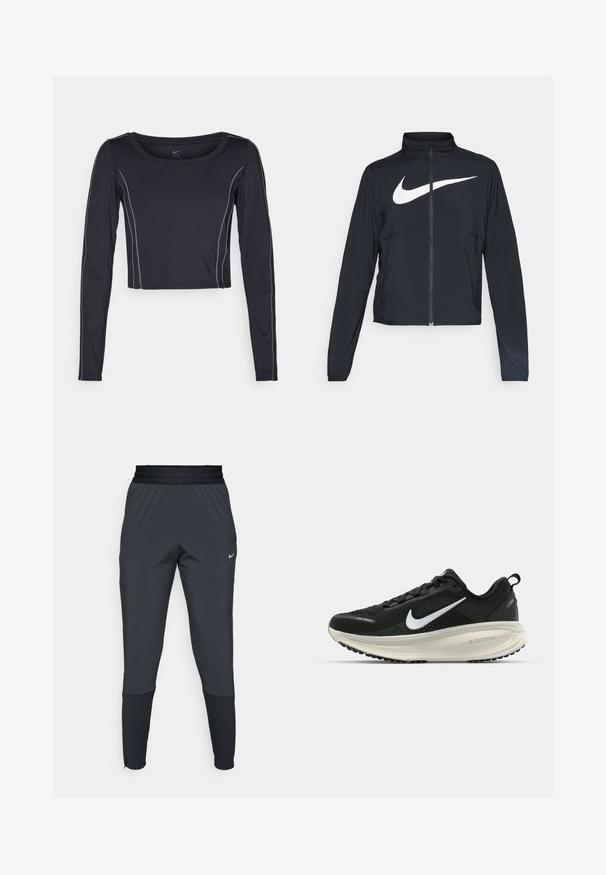 Svart joggebund med hel glidelås, høy krage, lange ermer og stort hvitt Nike swoosh-logo over brystet.; Mørk marineblå langermet cropped topp med rund halsutskjæring. Har lys grå sømmer langs sømmene. Laget av elastisk stoff for komfort.; Nike treningsbukser i mørkegrå, med en tapered ben design, elastisk midjebånd og detaljert dekorasjon nær mansjettene.; Svart Nike løpesko med pustende mesh-overdel, hvit swoosh-logo, teksturert detaljer og en kremfarget ZoomX mellomsåle.
