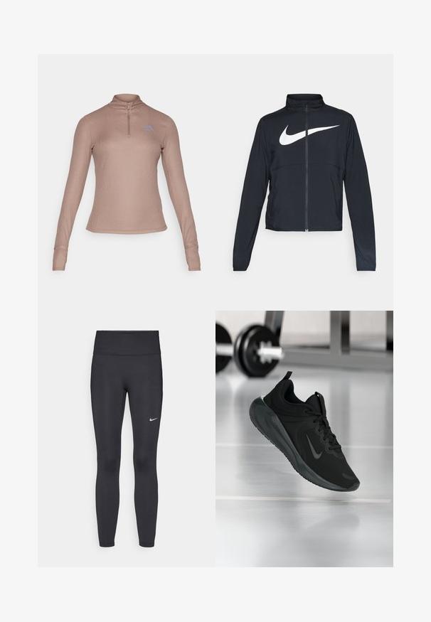 Sort fuld-zip sportsjakke med høj krave, lange ærmer og stort hvidt Nike swoosh-logo på brystet.; Langærmet top med lynlås i lysebrunt ribbet stof med et diskret blåt logo på brystet; tætsiddende design med tommelhuller ved manchetterne.; Sorte leggings lavet af strækbart stof, med en høj talje og et hvidt Nike-logo på venstre lår. Glat tekstur, tætsiddende design.; Sort sportsko med Nike-logo, vist midt i luften på et gymgulv, med en sløret vægtstang i baggrunden.