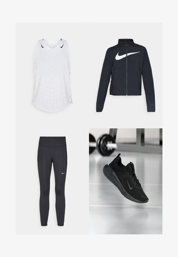 Melnā sporta jaka ar pilnu rāvējslēdzēju, augstu apkakli, garām piedurknēm un lielu baltu Nike swoosh logotipu krūšu daļā.; Balta bez piedurknēm Nike sporta krekls ar perforētiem ventilācijas caurumiem un melniem swoosh logotipiem tuvu pleciem.; Melnas legingi, izgatavoti no elastīga auduma, ar augstu jostu un baltu Nike logotipu kreisajā augšstilbā. Gluda tekstūra, piegulošs dizains.; Melnas sporta kedas ar Nike logo, rādot gaisā uz sporta zāles grīdas, ar izplūdušu hantelēm fona.