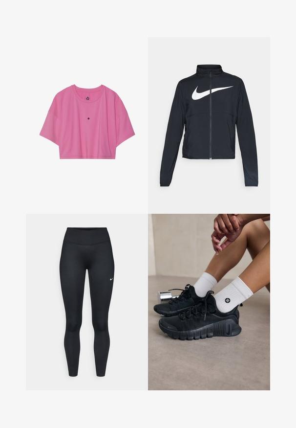 Fekete, teljes cipzáros sportdzseki magas gallérral, hosszú ujjal, amelyen egy nagy, fehér Nike logó található a mellkason.; Rövid ujjú, rózsaszín sportpóló, sima anyagból készült, amelynek kerek nyaka van. Kisebb logó található a mellkason, középen.; Fekete sportos leggings, rugalmas anyagból, magas derékrésszel, bal combon egy kis fehér Nike logóval.; Fekete sportcipők texturált anyagból, fűzős kialakítással és hangsúlyos talppal, fehér bordás zoknikkal párosítva, melyek kis logóval rendelkeznek.