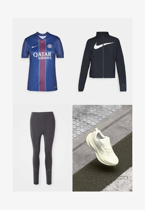 Svart joggebund med hel glidelås, høy krage, lange ermer og stort hvitt Nike swoosh-logo over brystet.; Mørkeblå fotballdrakt laget av glatt stoff, med et geometrisk mønster, rød og hvit vertikal stripe, samt "QATAR AIRWAYS"-logo.; Sorte treningsleggings laget av elastisk stoff, med subtile grå detaljer, sidepaneler og perforerte mønstre ved anklene.; Hvit løpet sko med teksturert overdel, mesh-paneler, lisser og en polstret såle. Har en reflekterende detalj og lett krumming.
