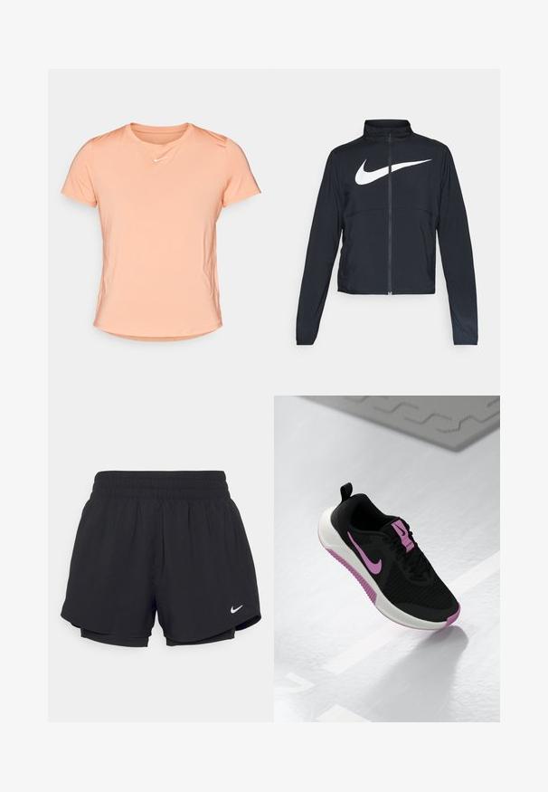 Czarna bluza sportowa na zamek błyskawiczny z wysokim kołnierzem, długimi rękawami i dużym białym logo Nike na klatce piersiowej.; Koszulka Nike z krótkim rękawem w jasnym brzoskwiniowym kolorze, wykonana z miękkiego, oddychającego materiału z okrągłym dekoltem i małym białym logo na piersi.; Czarne spodenki sportowe z marszczonym elastycznym pasem, wewnętrzną podszewką i białym logo Nike w dolnym lewym rogu. Gładki, lekki materiał.; Czarny but sportowy z przewiewną siateczką u góry, z różowym logo Nike i akcentami, białą podeszwą środkową oraz teksturowaną różową podeszwą.