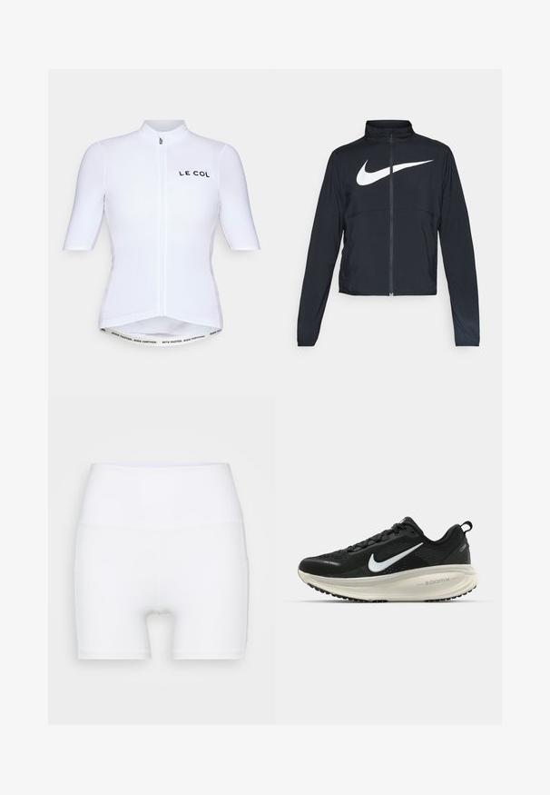 Melnā sporta jaka ar pilnu rāvējslēdzēju, augstu apkakli, garām piedurknēm un lielu baltu Nike swoosh logotipu krūšu daļā.; Īsām piedurknēm velo krekls baltā audumā ar priekšējo rāvējslēdzēju, kas rotāts ar melno "LE COL" zīmolu un rakstainu jostasvietu ar tekstu.; Baltā krāsā augsto jostasvietu šorti, izgatavoti no elastīga auduma. Raksturīga gluda virsma un pieguļoša piegriezuma forma, bez papildu rakstiem vai detaļām.; Melnas Nike skriešanas kurpes ar elpojošu acs augšdaļu, baltu Swoosh logotipu, strukturētu apdari un krēmkrāsas ZoomX starpsole.