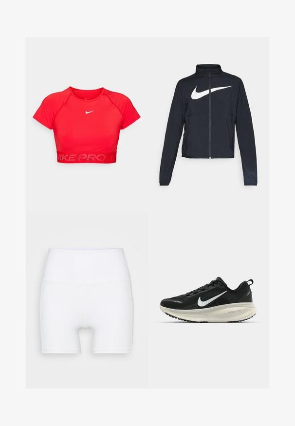 Juodas sportinis džemperis su visiškai užtraukiama užtrauktuku, aukšta apykakle, ilgomis rankovėmis ir dideliu baltu Nike swoosh logotipu per krūtinę.; Raudonas trumpas sportinis marškinėliai su trumpomis rankovėmis, pagaminti iš elastingų medžiagų. Yra baltas Nike logotipas ir tekstūruota juosta su "NIKE PRO" užrašu.; Balti aukšto juosmens šortai, pagaminti iš elastingos medžiagos. Yra lygus paviršius ir prigludęs siluetas, be papildomų raštų ar detalių.; Juodas Nike sportinis batelis su kvėpuojančiu tinklu, baltu swoosh logotipu, tekstūruoto dizaino detalėmis ir grietinėlės spalvos ZoomX viduriu.