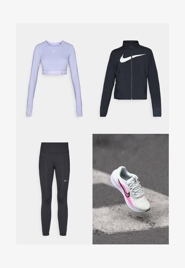 Must musta täispikk vary hoodie kõrge krae, pikad varrukad ja suur valge Nike swooshi logo rinnal.; Liila pikkade varrukatega lühikese lõikega topp, mis on valmistatud pehmest ja paindlikust kangast, ning millel on valge Nike logo ja lai heledat lillat värvi kaubamärgiga vöökoht.; Mustad mustadest leggingid, mis on valmistatud venivast kangast, kõrge vöökoha ja valge Nike logo abil vasakul reiel. Sile tekstuur, keha järgiv disain.; Kerge jooksujalats valgest võrgust, millel on roosa ja musta aktsendiga, tõstetud konts ja tekstureeritud tald, hõljuv õhus asfalttee kohal.