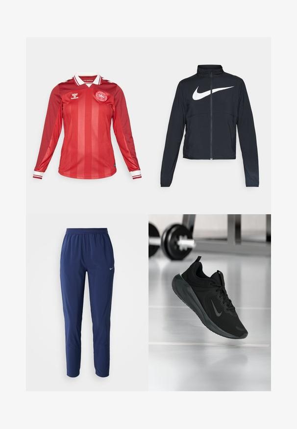 Czarna bluza sportowa na zamek błyskawiczny z wysokim kołnierzem, długimi rękawami i dużym białym logo Nike na klatce piersiowej.; Czerwona koszula piłkarska z długim rękawem, z pionowymi paskami, białym kołnierzykiem i mankietami w paski czerwono-białe. Na piersi znajduje się logo drużyny.; Granatowe spodnie sportowe z elastycznym pasem, zwężane nogawki, wykonane z lekkiego materiału, z małym srebrnym logo na biodrze.; Czarny sportowy sneaker z logo Nike, pokazany w powietrzu na podłodze siłowni, z rozmytym regałem z hantlami w tle.