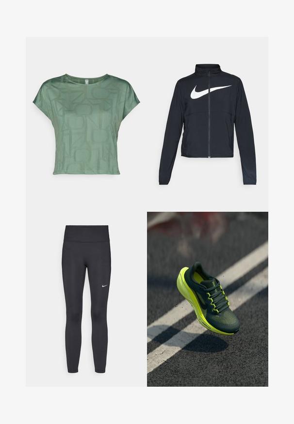 Jachetă sport neagră cu fermoar pe toată lungimea, guler înalt, mâneci lungi și un logo mare alb Nike swoosh pe piept.; Tricou scurt cu mâneci verzi, fabricat dintr-un material ușor, cu un model geometric tonal. Decupaj rotund la gât și o croială lejeră, cu șuvece laterale.; Leggings negre dintr-un material elastic, având talie înaltă și un logo alb Nike pe coapsa stângă. Textură netedă, design care se conturează pe corp.; Încaltaminte de alergare Nike, verde închis și galben neon, suspendată deasupra asfaltului cu marcaje albe pe șosea, aruncând particule mici de praf.