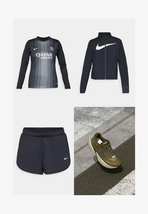 Veste de sport noire zippée sur toute la longueur avec un col haut, des manches longues et un grand logo Nike swoosh blanc sur la poitrine.; Maillot de football à manches longues en noir et gris avec des rayures verticales, doté d'un col rond, du logo Nike et du branding de Qatar Airways.; Shorts de sport noirs en tissu léger et respirant. Dotés d'une taille élastique et d'un logo Nike blanc sur le bas à droite.; Sneaker de sport en vert olive avec une tige en mesh respirant, une semelle intermédiaire amortissante, un accent de logo violet et une semelle extérieure en caoutchouc texturé pour l'adhérence.