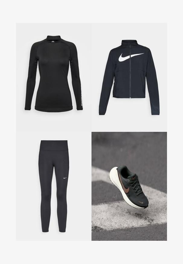 Schwarze Sportjacke mit vollem Reißverschluss, hohem Kragen, langen Ärmeln und großem weißen Nike-Swoosh-Logo auf der Brust.; Schwarzes Langarmshirt mit hohem Kragen, aus glattem Material gefertigt. Verfügt über subtile Nähte und ein Logo am Ärmel. Slim-Fit-Design.; Schwarze Leggings aus elastischem Stoff, mit einem hohen Bund und einem weißen Nike-Logo auf dem linken Oberschenkel. Glatte Textur, figurbetontes Design.; Schwarzer Mesh-Laufschuh mit strukturiertem Obermaterial, einem braunen Nike-Swoosh und einer weißen gepolsterten Sohle, die über einer grauen Fläche schwebt.