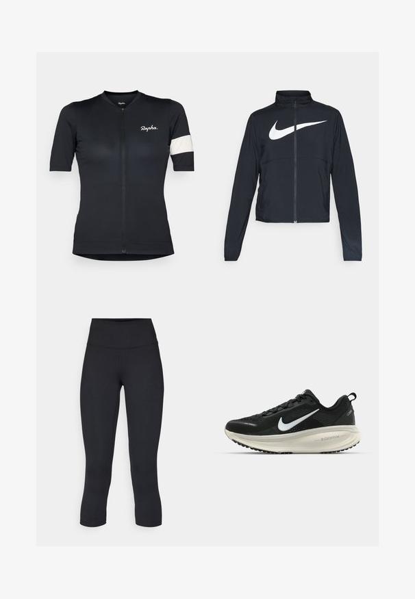 Sort fuld-zip sportsjakke med høj krave, lange ærmer og stort hvidt Nike swoosh-logo på brystet.; Kortærmet cykeltrøje i sort stof med et tekstureret mønster, frontlynlås og en hvid stribe på venstre ærme. Broderet logo.; Sorte cropped leggings lavet af stretchy materiale, med en høj talje og blød tekstur, uden synlige mønstre eller hardware.; Sort Nike løbesko med åndbart mesh-overdel, hvidt swoosh-logo, tekstureret detaljering og en cremede ZoomX mellemsål.