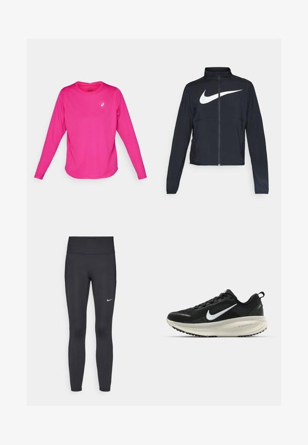 Casaco desportivo preto com fecho éclair completo, gola alta, mangas longas e grande logótipo branco da Nike na parte frontal.; Camisola atlética de mangas longas em rosa brilhante, feita de tecido elástico. Apresenta um decote redondo e um pequeno logotipo branco no peito.; Leggings pretos feitos de tecido elástico, com uma cintura alta e um logo branco da Nike na coxa esquerda. Textura suave, design ajustado ao corpo.; Sapatilha de corrida Nike preta com parte superior de malha respirável, logotipo Swoosh branco, detalhes texturizados e uma entressola ZoomX na cor creme.