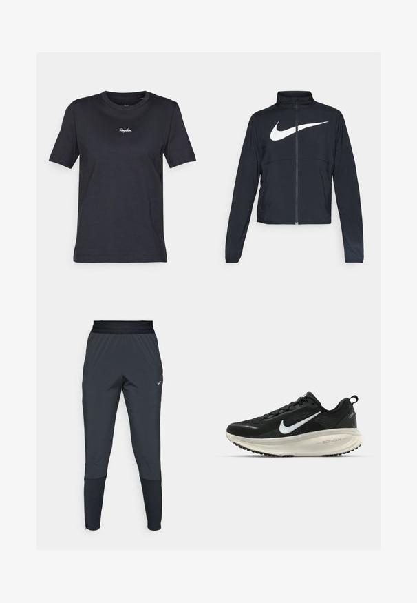 Black full-zip sports jacket with high collar, long sleeves, and large white Nike swoosh logo across the chest.; Black short-sleeve t-shirt made of cotton, featuring a round neck and a white "Rapha." logo embroidered on the chest. Smooth texture.; Nike athletic pants in dark gray, featuring a tapered leg design, elastic waistband, and accent details near the cuffs.; Black Nike running shoe with breathable mesh upper, white swoosh logo, textured detailing, and a cream-colored ZoomX midsole.