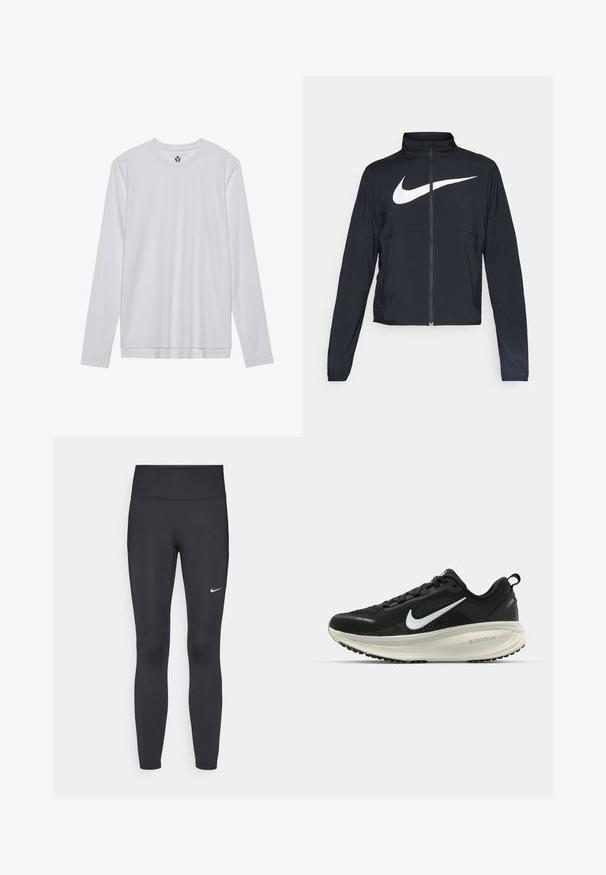 Casaco desportivo preto com fecho éclair completo, gola alta, mangas longas e grande logótipo branco da Nike na parte frontal.; Camisa branca de manga longa, feita de tecido suave, com decote redondo e corte reto. Sem padrões ou detalhes visíveis.; Leggings pretos feitos de tecido elástico, com uma cintura alta e um logo branco da Nike na coxa esquerda. Textura suave, design ajustado ao corpo.; Sapatilha de corrida Nike preta com parte superior de malha respirável, logotipo Swoosh branco, detalhes texturizados e uma entressola ZoomX na cor creme.