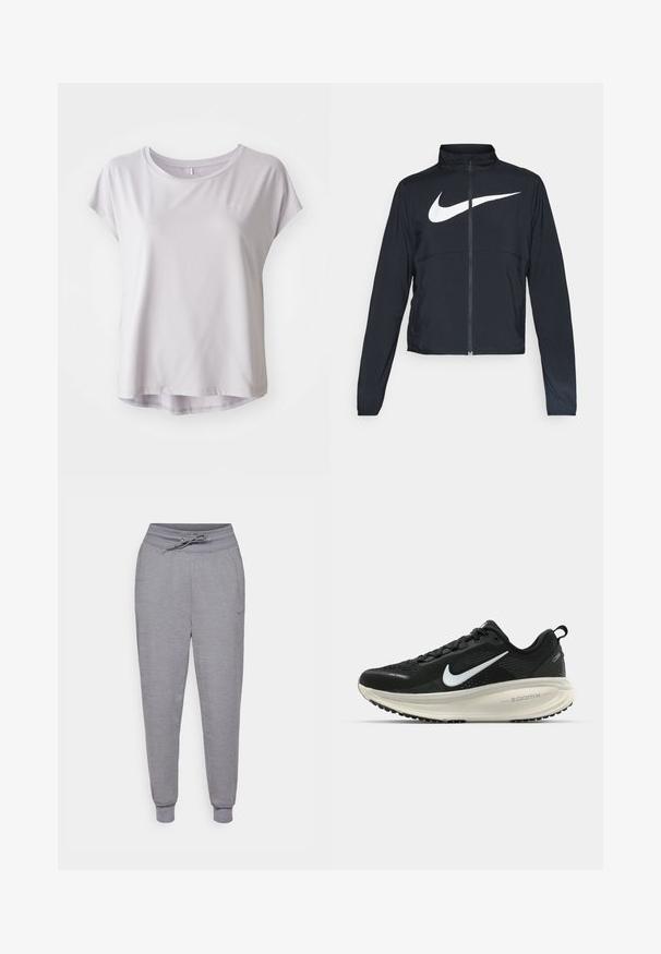 Čierna športová bunda na zips s vysokým golierom, dlhými rukávmi a veľkým bielym logom Nike na hrudi.; Svetlošedé športové tričko s krátkym rukávom vyrobené z hladkej, priedušnej tkaniny; okrúhly výstrih s jemne zakriveným lemom pre uvoľnený strih.; Sivé tapered tepláky s nastaviteľným pásom, elastickými manžetami a decentným logom Nike na ľavom stehne. Mäkčená, textúrovaná tkanina.; Čierne bežecké topánky Nike s priedušnou sieťovinou, bielym logom s symbolom swoosh, textúrovanými detailmi a krémovou ZoomX medzipodrážkou.