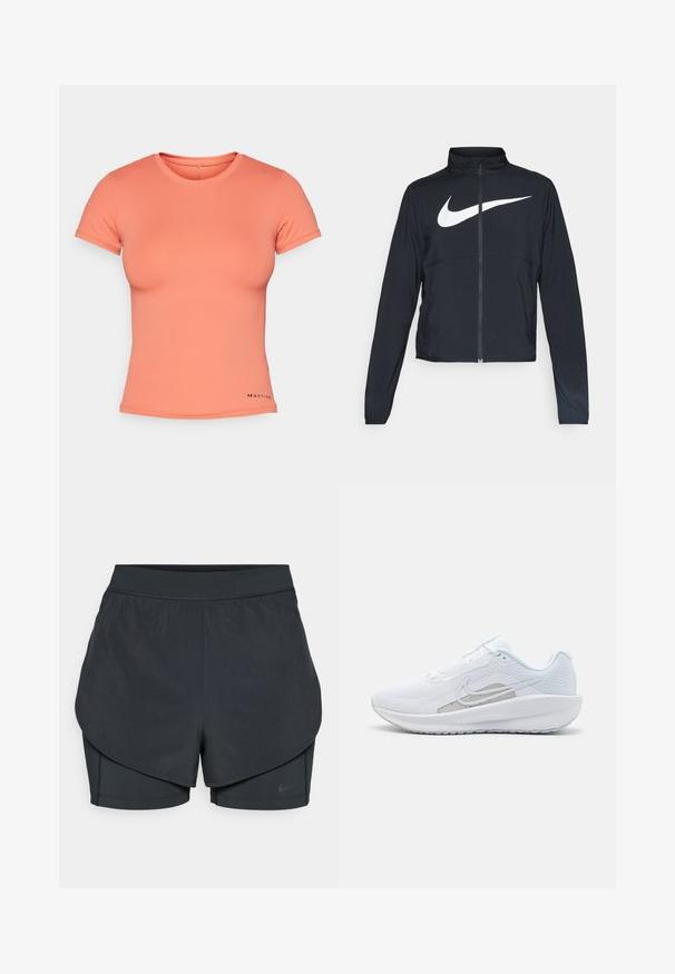 Black full-zip sports jacket with high collar, long sleeves, and large white Nike swoosh logo across the chest.; Coral-colored short-sleeve t-shirt made from smooth, stretchy fabric. Crew neck design with logo accent on the lower left side.; Black athletic shorts with a layered design, featuring a smooth outer layer and fitted inner shorts. Made of lightweight, stretch fabric.; White athletic shoe with mesh upper, rounded toe, and textured sole. Features a silver Nike swoosh and minimalistic design.