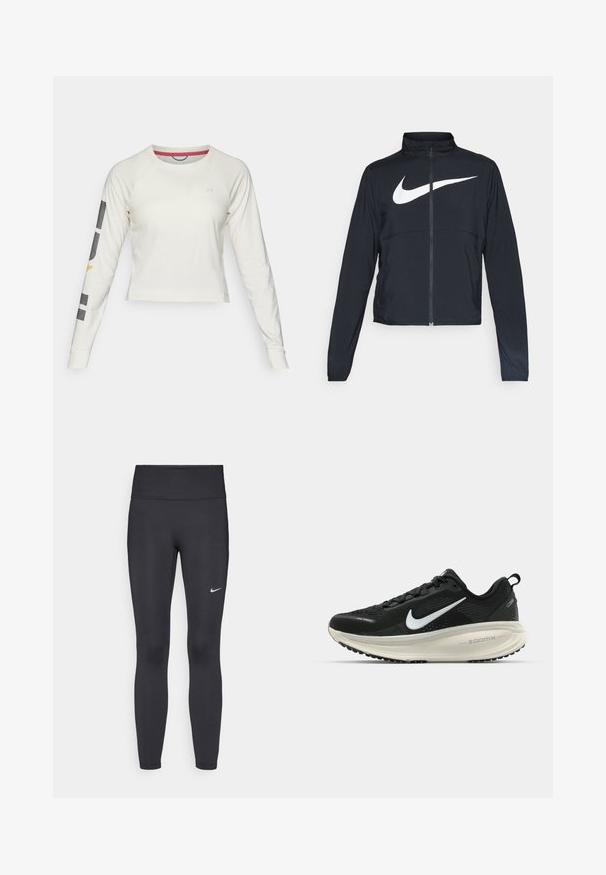Juodas sportinis džemperis su visiškai užtraukiama užtrauktuku, aukšta apykakle, ilgomis rankovėmis ir dideliu baltu Nike swoosh logotipu per krūtinę.; Šviesiai grietinėlės spalvos ilgo rankovės trumpas viršus su raglan rankovėmis, turintis mažą logotipą ant krūtinės ir grafinius akcentus ant kairės rankovės.; Juodi leggingai iš elastingos medžiagos, turintys aukštą juosmenį ir baltą Nike logotipą kairėje šlaunyje. Lygus paviršius, prigludusi dizainas.; Juodas Nike sportinis batelis su kvėpuojančiu tinklu, baltu swoosh logotipu, tekstūruoto dizaino detalėmis ir grietinėlės spalvos ZoomX viduriu.