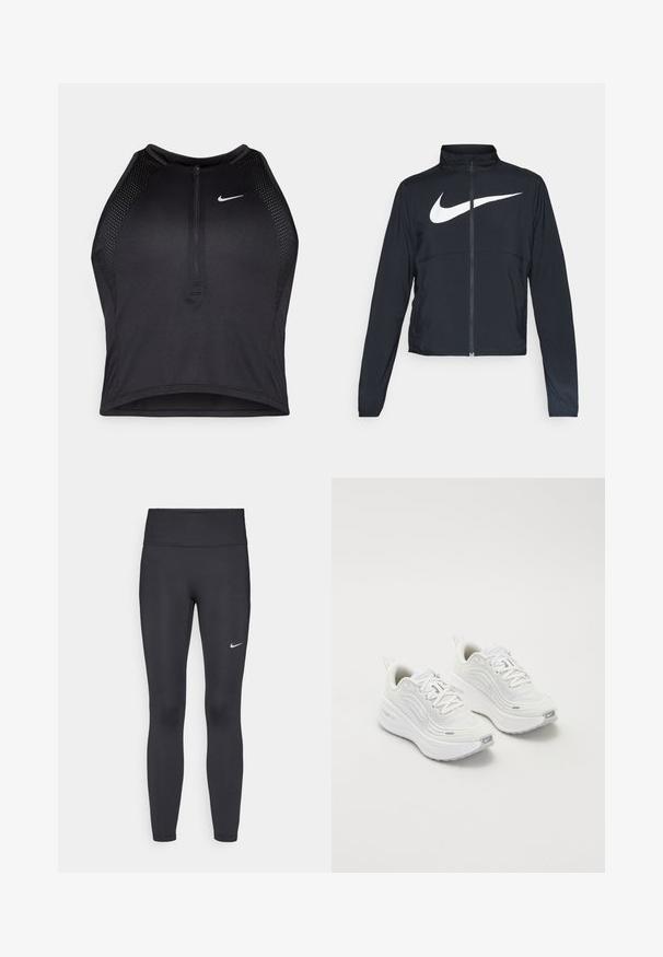 Giacca sportiva nera con zip completa, colletto alto, maniche lunghe e grande logo swoosh bianco Nike sul petto.; Top corto atletico nero con zip frontale, dettagli in rete e un design aderente. Realizzato in tessuto elasticizzato e traspirante. Logo Nike sul davanti.; Leggings neri realizzati in tessuto elasticizzato, con una vita alta e un logo Nike bianco sulla coscia sinistra. Tessuto liscio, design aderente.; Scarpe da ginnastica bianche con tomaia in rete testurizzata, suola ammortizzata e sottili dettagli grigi. Comprendono il branding e una linguetta sul tallone per una facile calzata.