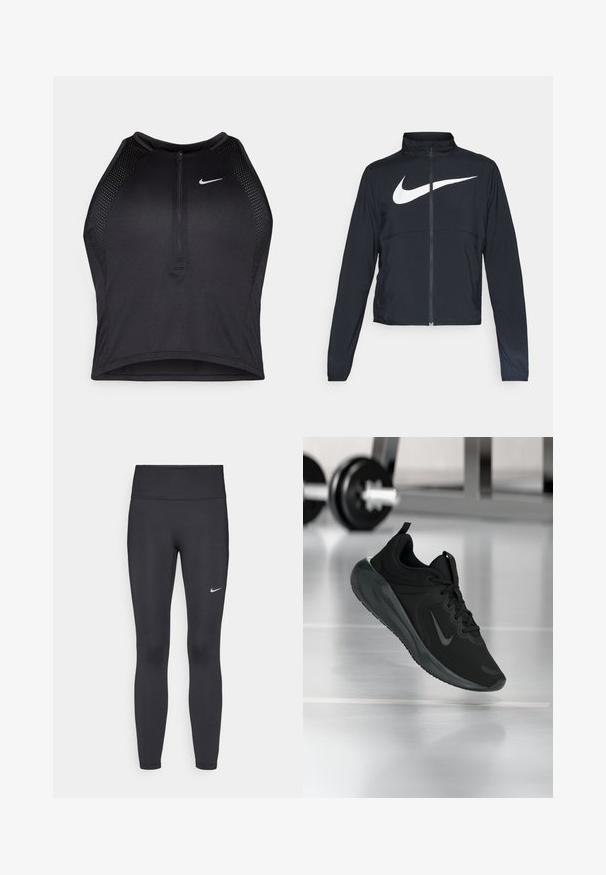 Schwarze Sportjacke mit vollem Reißverschluss, hohem Kragen, langen Ärmeln und großem weißen Nike-Swoosh-Logo auf der Brust.; Schwarzes sportliches Crop-Top mit Reißverschluss vorne, Netz-Akzenten und figurnaher Passform. Hergestellt aus dehnbarem, atmungsaktivem Material. Nike-Logo auf der Vorderseite.; Schwarze Leggings aus elastischem Stoff, mit einem hohen Bund und einem weißen Nike-Logo auf dem linken Oberschenkel. Glatte Textur, figurbetontes Design.; Schwarzer Sportsneaker mit Nike-Logo, mid-air über dem Boden des Fitnessstudios, mit unscharfem Hantelregal im Hintergrund.