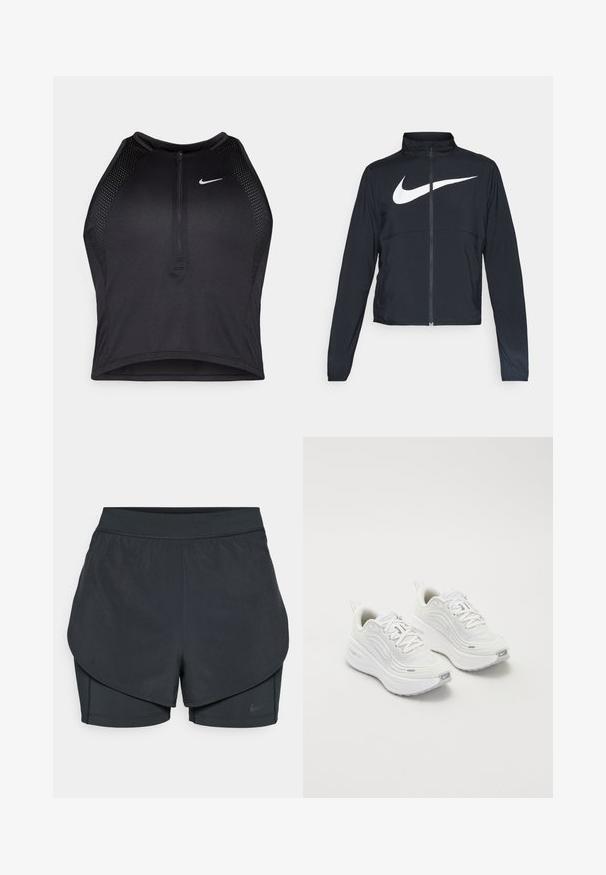 Czarna bluza sportowa na zamek błyskawiczny z wysokim kołnierzem, długimi rękawami i dużym białym logo Nike na klatce piersiowej.; Czarny sportowy crop top z zamkiem z przodu, z siateczkowymi akcentami i dopasowanym krojem. Wykonany z elastycznego, oddychającego materiału. Logo Nike z przodu.; Czarne spodenki sportowe z warstwowym krojem, z gładką zewnętrzną warstwą i dopasowanymi wewnętrznymi spodniami. Wykonane z lekkiej, elastycznej tkaniny.; Białe buty sportowe z teksturowaną siateczką u góry, amortyzowana podeszwa i subtelne szare akcenty. Zawierają logo i pętlę z tyłu dla łatwego zakładania.