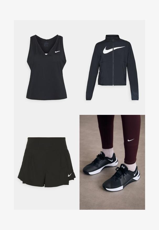 Black full-zip sports jacket with high collar, long sleeves, and large white Nike swoosh logo across the chest.; Black sleeveless athletic tank top, featuring a V-neck design, made of Dri-FIT fabric, with a small white Nike logo on the left chest.; Black athletic shorts with a wide waistband, pleated detailing, curved hem, and white Nike logo on the lower right side.; Black athletic shoes with a textured upper and white accents, featuring laces and a side logo. Worn with maroon leggings and light socks.