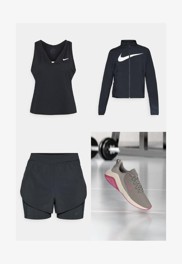 Chaqueta deportiva negra de cremallera completa con cuello alto, mangas largas y gran logo de Nike en blanco en el pecho.; Teléfono negro sin mangas para deportes, con un diseño de cuello en V, hecho de tejido Dri-FIT, con un pequeño logo blanco de Nike en el lado izquierdo del pecho.; Pantalones cortos deportivos negros con un diseño en capas, que cuentan con una capa exterior suave y pantalones cortos interiores ajustados. Fabricados con una tela ligera y elástica.; Zapatilla deportiva gris con acentos rosas, que presenta una parte superior de malla, suela acolchada y diseño de puntera redonda. Ligera con un acabado texturizado.