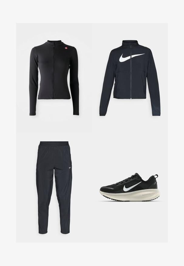 Veste de sport noire zippée sur toute la longueur avec un col haut, des manches longues et un grand logo Nike swoosh blanc sur la poitrine.; Veste noire ajustée à manches longues avec fermeture éclair sur le devant et petit logo circulaire rouge sur le haut à gauche de la poitrine, affichée sur un fond blanc.; Pantalons de sport noirs avec une taille élastique, des jambes fuselées et un petit logo blanc sur la cuisse gauche. Tissu léger et lisse.; Baskets de course noir Nike avec tige respirante en mesh, logo swoosh blanc, détails texturés et semelle intermédiaire ZoomX de couleur crème.
