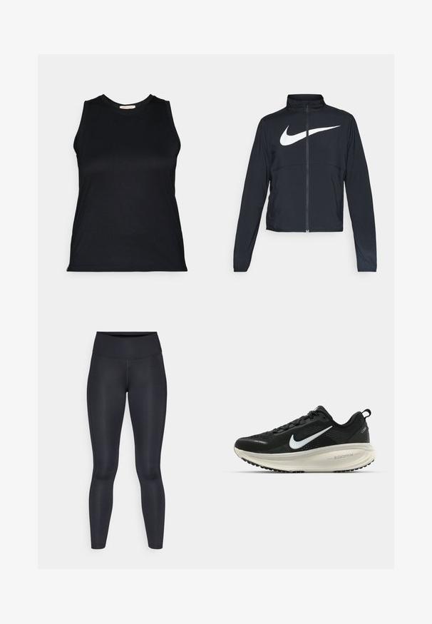 Must musta täispikk vary hoodie kõrge krae, pikad varrukad ja suur valge Nike swooshi logo rinnal.; Musthave musta ilma varrukatega topp sujuvas, venivast kangast, ümmarguse kaelusega ja keha lähedase lõikega, millel on puhtad jooned ja nähtavaid riideid ei ole.; Mustad mustad, mis on valmistatud siledast ja venivast kangast. Kõrge vöökoht, ilma nähtavate mustrite või aksessuaarideta. Sobivad tihedalt puusadelt kuni pahkluuni.; Musthave mustus Nike jooksujalats, millel on hingav võrgust ülemine osa, valge swoosh logo, tekstuuriga detailid ja kreemja värvusega ZoomX vahevöö.